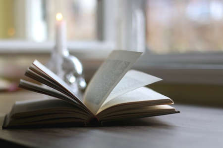 Candle in a skull shaped candle holder and open book on a table. Dark academia concept. Selective focus.の写真素材