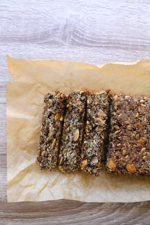 Vegan and gluten free bread made with seeds and coconut flour. Top view.