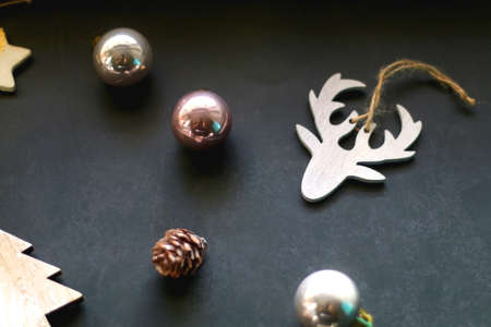 Various Christmas ornaments on dark background. Selective focus.の写真素材