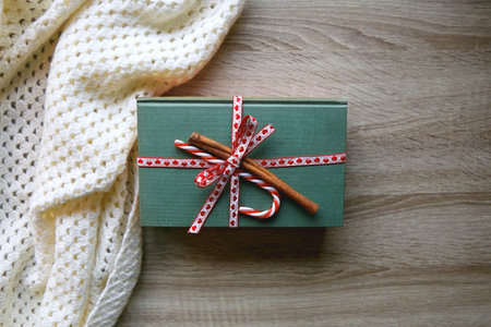 Two hardcover books wrapped with ribbon, candy cane and cinnamon stick and soft knitted blanket....