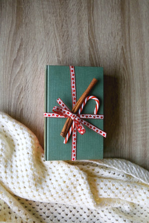 Two hardcover books wrapped with ribbon, candy cane and cinnamon stick and soft knitted blanket. Giving a gift of knowledge for Christmas. Flat lay.の写真素材