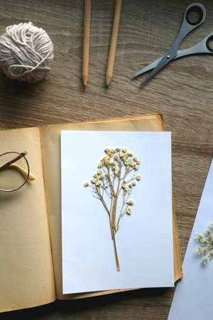 Old book, papers, various pressed flowers, eyeglasses, scissors, pencils and rope on wooden desk. Crafting and making herbarium at home. Flat lay.の写真素材