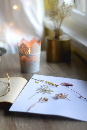 Open book, reading glasses, paper with pressed flowers, bowl of apples and lit candle on the table. Hygge at home. Selective focus.の写真素材