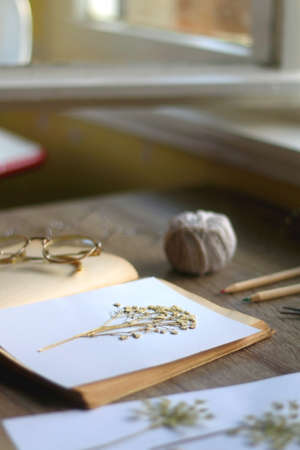 Old book, papers, various pressed flowers, eyeglasses, scissors, pencils and rope on wooden desk. Crafting and making herbarium at home. Selective focus.の写真素材