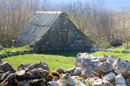 Traditional Mediterranean stable and garden, illuminated by warm sunlight. Early spring in the Mediterranean countryside. Selective focus.の写真素材