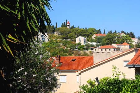 Traditional Mediterranean garden and architecture in Sutivan, small town on island Brac, Croatia.