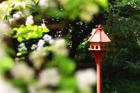Cute red birdhouse in the beautiful park. Beautiful spring or summer day. Selective focus.の写真素材