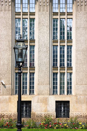 Colorful historical buildings and vintage street lantern in central Zagreb, Croatia.の写真素材