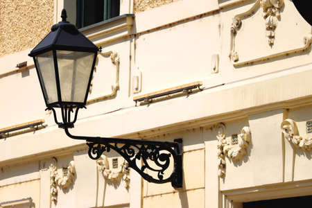Colorful historical buildings and vintage street lantern in central Zagreb, Croatia.の写真素材