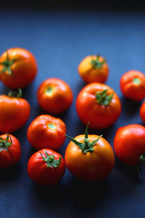 Fresh organic tomatoes, picked from the garden, on dark background. Selective focus.の写真素材