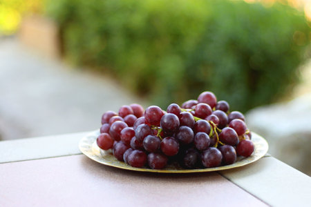 Vintage brass plate filled with fresh red grapes, served outside. Selective focus.の写真素材