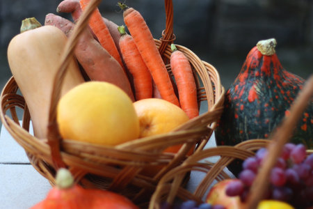 Hokkaido pumpkins and vintage baskets filled with various autumnal produce in the garden. Selective...
