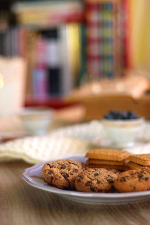 Plate of cookies, cup of tea, fresh blueberries, dry oranges, stack of books, reading glasses and...