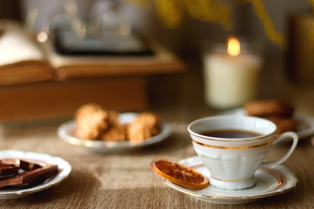 Scented candles, chocolate, cookies, cup of tea, books, e-reader, glasses and flowers on the table. Hygge at home. Selective focus.の写真素材