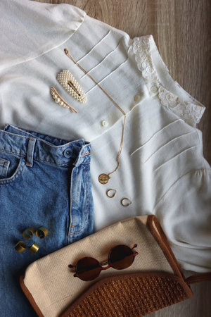 White blouse, denim skirt, vintage bag, sunglasses, pearl barrettes and gold jewelry. Top view.の写真素材