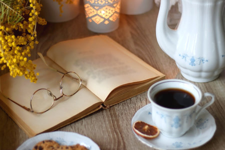 Cup of tea or coffee, plate of cookies, cup of blueberries, plate of chocolate, glass of juice, book, reading glasses, teapot, flowers and lit candles on the table. Brunch concept.の写真素材