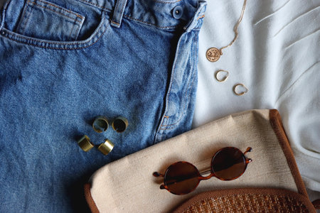 White blouse, denim skirt, vintage bag, sunglasses, pearl barrettes and gold jewelry. Top view.の写真素材
