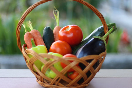 Basket with fresh seasonal vegetables, picked in the garden. Selective focus.の写真素材