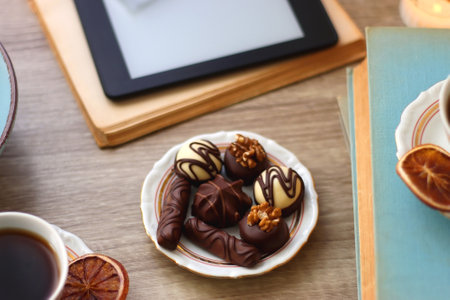 Books, reading glasses, e-reader, plate of chocolate pralines, bowl of cookies, cups of tea and lit candles on the table. Selective focus.の写真素材