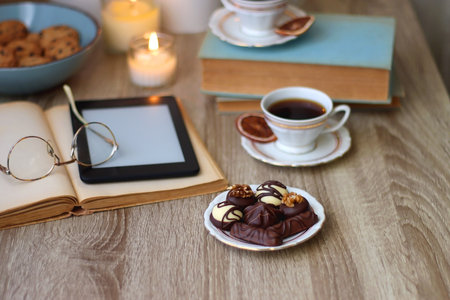 Books, reading glasses, e-reader, plate of chocolate pralines, bowl of cookies, cups of tea and lit candles on the table. Selective focus.の写真素材