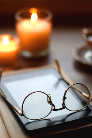 Cup of tea or coffee, plate of cookies, books, e-reader, pencil and lit candles on the table....