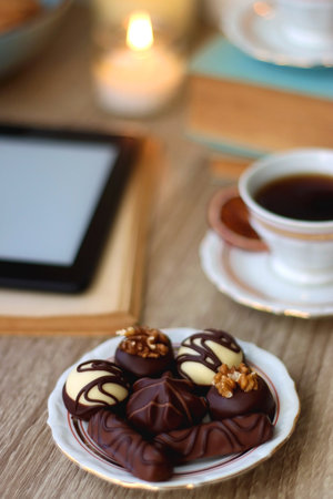 Books, reading glasses, e-reader, plate of chocolate pralines, bowl of cookies, cups of tea and lit candles on the table. Selective focus.の写真素材
