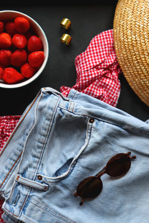 Jeans, gingham top, straw bag and hat, accessories and bowl of strawberries on dark background. Spring or summer picnic outfit. Top view.の写真素材