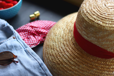 Jeans, gingham top, straw bag and hat, accessories and bowl of strawberries on dark background. Spring or summer picnic outfit. Selective focus.の写真素材