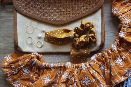 Denim skirt, ruffle top, wicker bag, brown shoes, round sunglasses, scrunchie and gold jewelry....