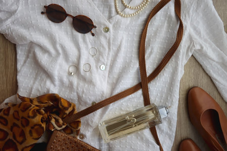 White blouse, denim skirt, brown shoes, vintage bag, leopard print scarf, pearl necklace, scrunchie,...