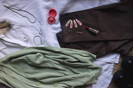 Pastel green cardigan, white shirt, gray trousers, black loafers, various silver jewelry, perfume...