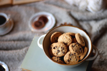 Bowl of cookies, cup of tea or coffee, plate of blueberries, dry oranges, wool yarn, pine cones,...
