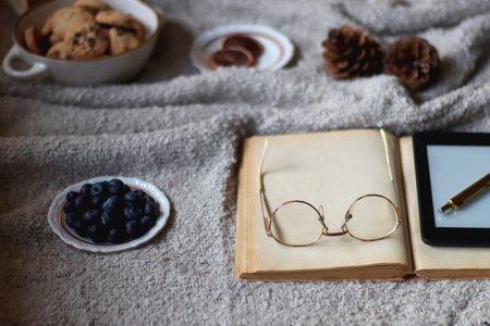 Bowl of cookies, cup of tea or coffee, plate of blueberries, dry oranges, wool yarn, pine cones, books, reading glasses, tablet, pen, soft blanket and lit candles on the table.の写真素材