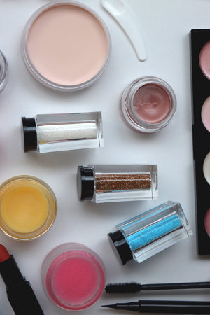 Various colorful beauty products on white background. Flat lay.の写真素材