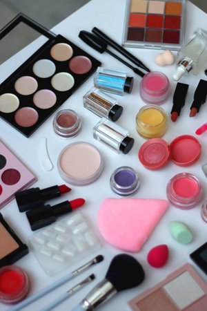 Various colorful beauty products on white background. Selective focus.の写真素材
