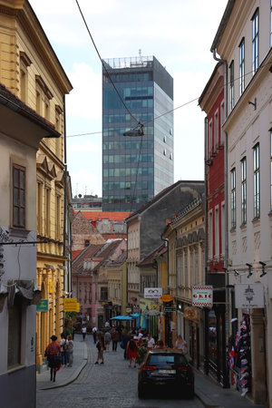Zagreb, Croatia - May 13, 2022: Locals and tourists are enjoying colorful architecture and cosy atmosphere in Radiceva Street in Zagreb, Croatia.のeditorial素材