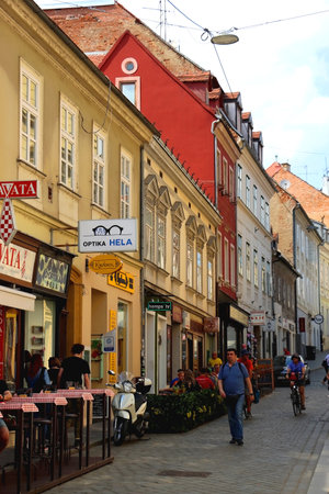 Zagreb, Croatia - May 13, 2022: Locals and tourists are enjoying colorful architecture and cosy atmosphere in Radiceva Street in Zagreb, Croatia.のeditorial素材