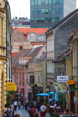 Zagreb, Croatia - May 13, 2022: Locals and tourists are enjoying colorful architecture and cosy atmosphere in Radiceva Street in Zagreb, Croatia.のeditorial素材