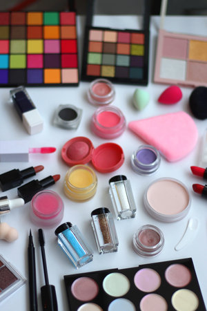 Various colorful beauty products on white background. Selective focus.の写真素材