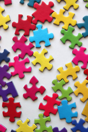 Colorful jigsaw puzzle pieces on white background. Flat lay.の写真素材