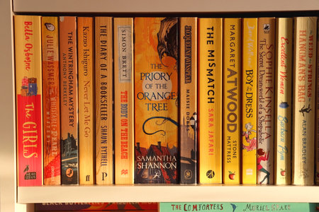 Split, Croatia - May 5, 2024: Bookshelf with books organized by rainbow colors.のeditorial素材