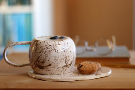 Cup of blueberry and banana smoothie and chocolate chip cookies on the table, illuminated by sunlight. Selective focus.の写真素材
