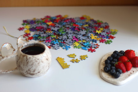 Colorful jigsaw puzzle pieces, cup of tea or coffee, eyeglasses and fresh berries for snacking. Hygge at home. Selective focus.の写真素材