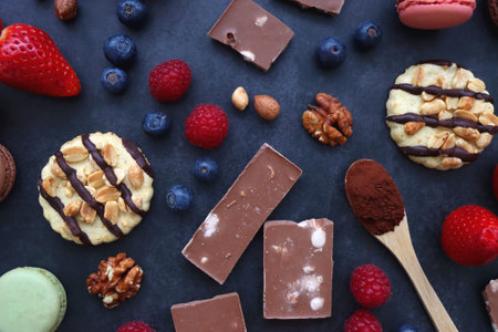 Macarons, chocolate, cookies, berries and various nuts on dark blue background. Top view.の写真素材