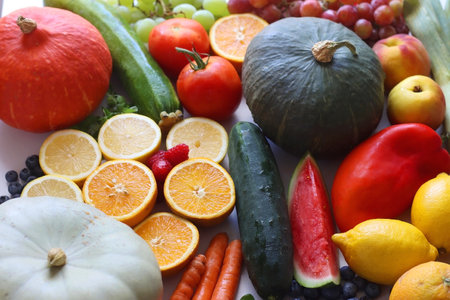 Various seasonal fruits and vegetables on white background. Summer and fall produce. Selective focus.の写真素材