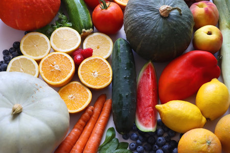 Various seasonal fruits and vegetables on white background. Summer and fall produce. Selective focus.の写真素材
