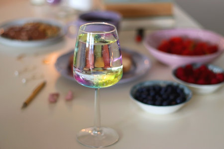Plate of pastel macarons, cookies and chocolate, cup of tea of coffee, glass of bubble water, various berries, books and accessories on the table. Selective focus, pastel colors.の写真素材