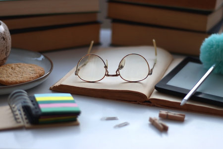 Various books, e-reader, reading glasses, stationery, and cookies on the table. Back to school concept. Selective focus.の写真素材