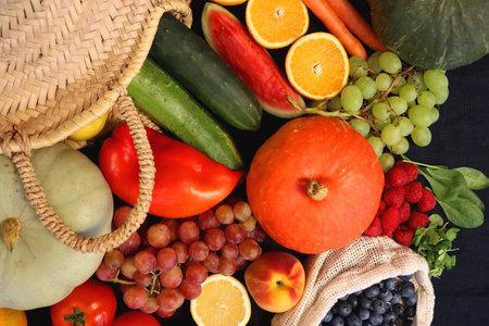 Round straw bag and various seasonal fruits and vegetables on dark background. Summer and fall produce. Top view.の写真素材