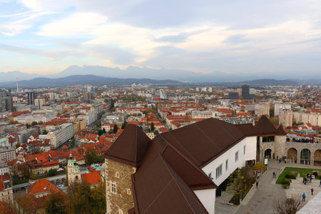 Aerial view of central Ljubljana, capital of  Slovenia, from Ljubljana Castle. Autumn in the picturesque city.の写真素材